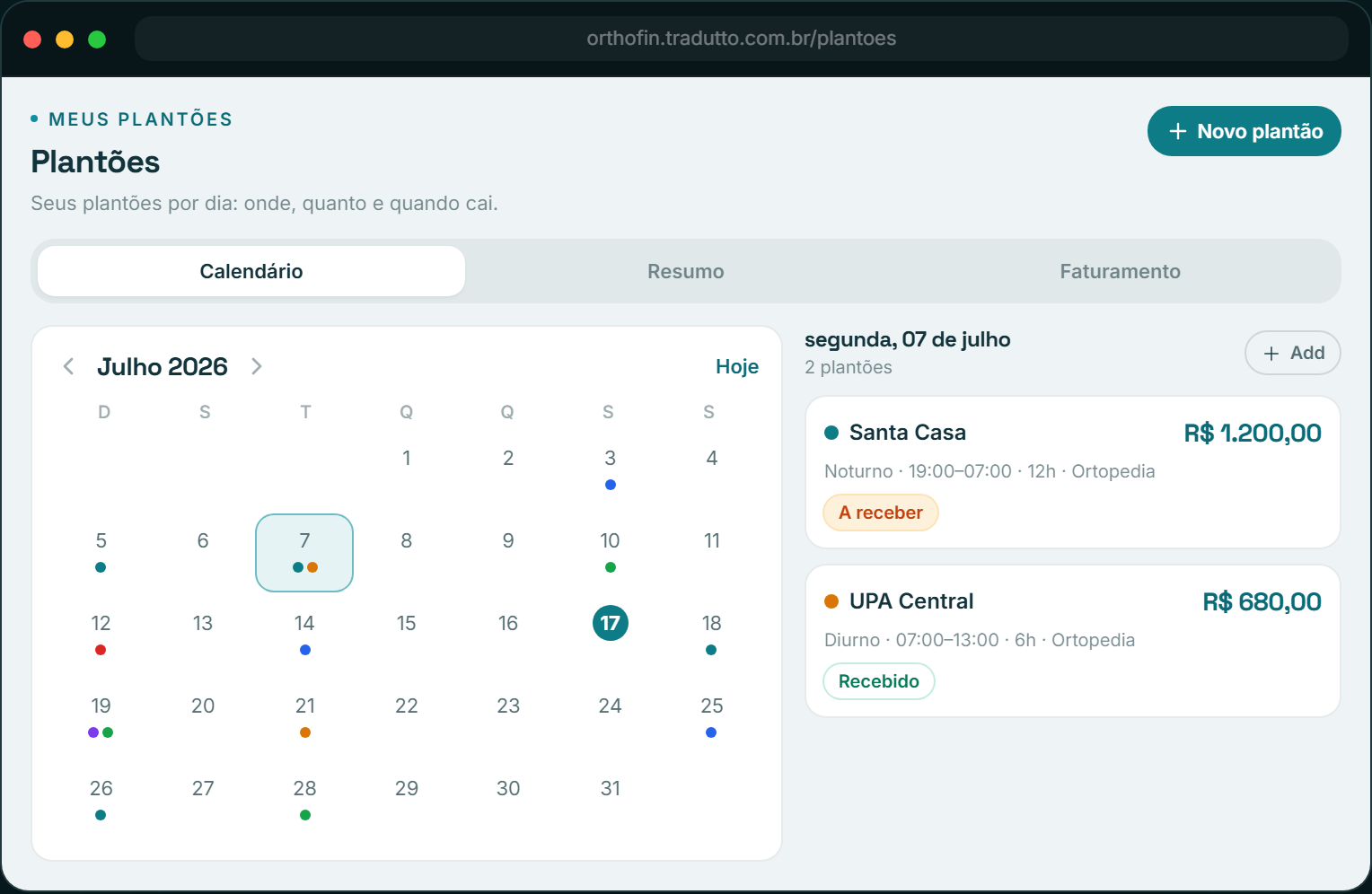 Calendário de plantões